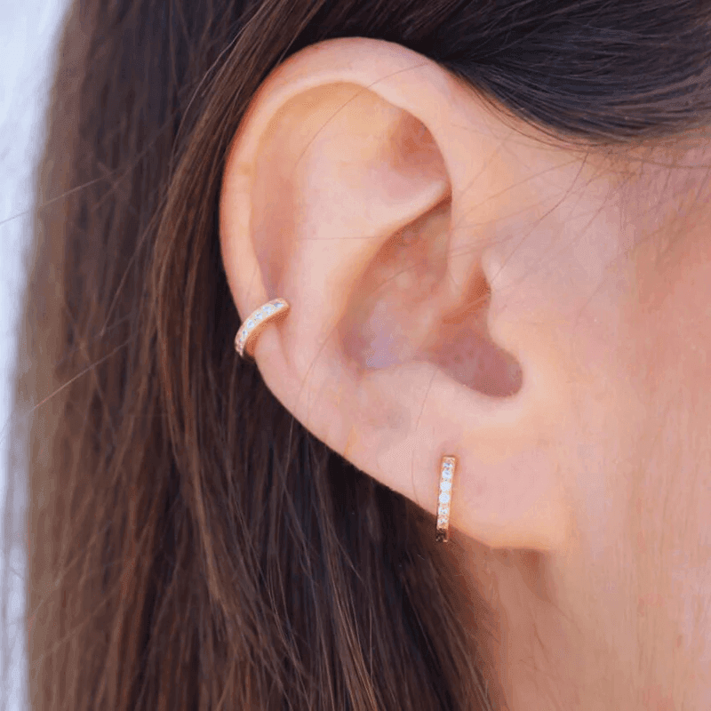 925 Sterling Silver Gold Rings Plated Cubic Crystal Cuff Huggie Hoop Earrings Au - Gold-Black Crystal