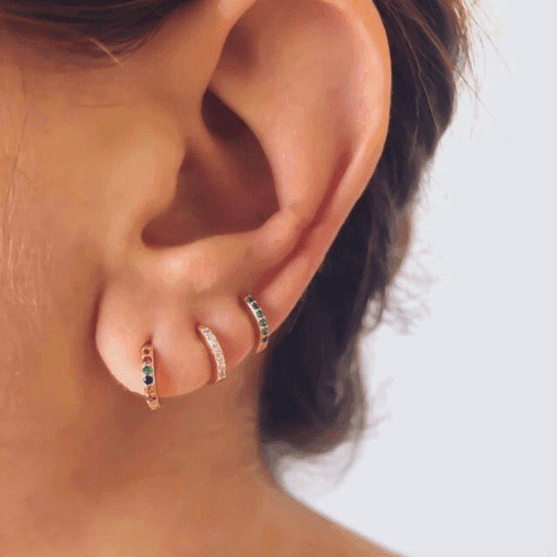 925 Sterling Silver Gold Rings Plated Cubic Crystal Cuff Huggie Hoop Earrings Au - Silver-Black Crystal