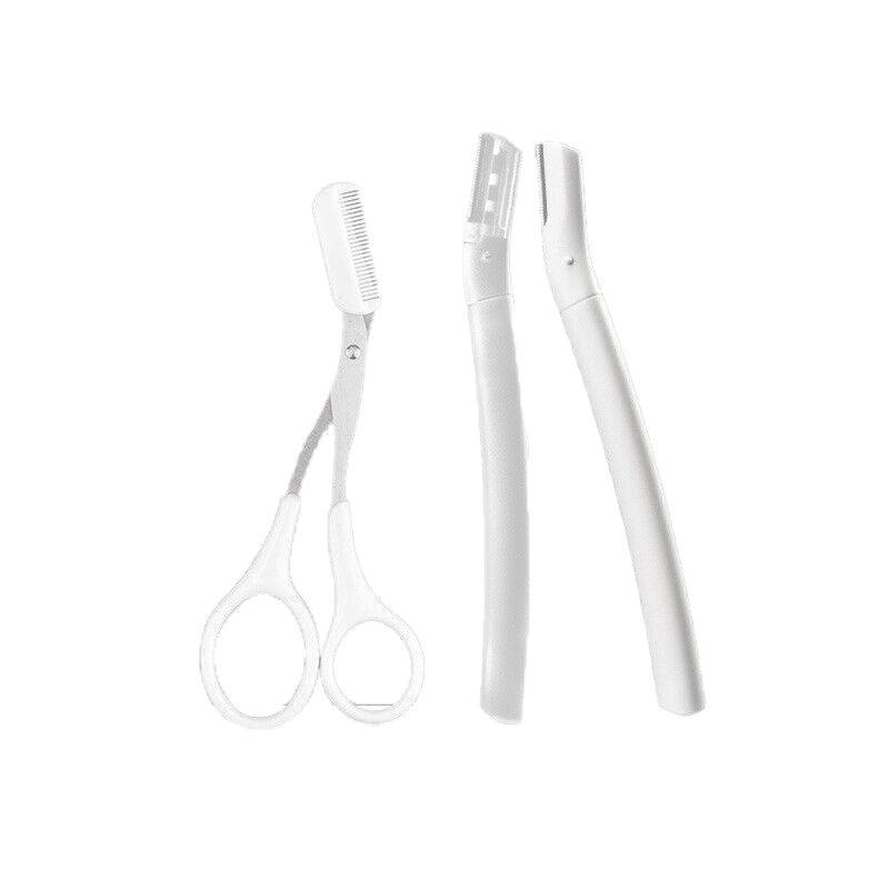 3Pcs Eyebrow Razor Set Facial Trimmer Shaver Blade Hair Remover Beauty Tool - 2X Eyebrow Razor+Scissor-White