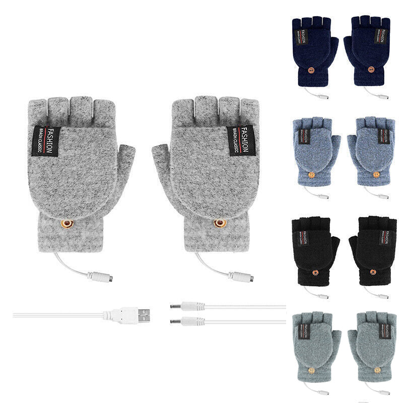 USB Heated Half Finger Gloves Winter Warm Knitted Gloves for Typing and Office Use - Navy