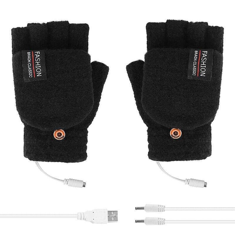 USB Heated Half Finger Gloves Winter Warm Knitted Gloves for Typing and Office Use - Grey