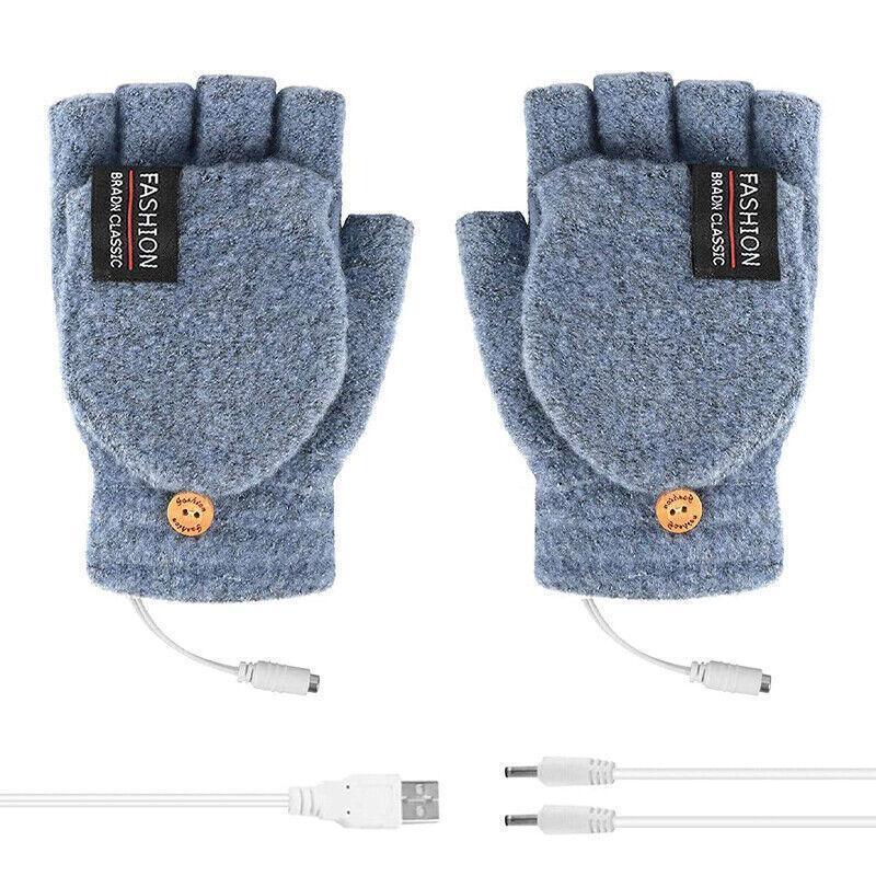 USB Heated Half Finger Gloves Winter Warm Knitted Gloves for Typing and Office Use - Grey