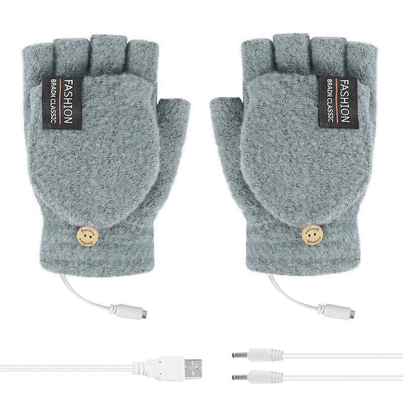 USB Heated Half Finger Gloves Winter Warm Knitted Gloves for Typing and Office Use - Grey