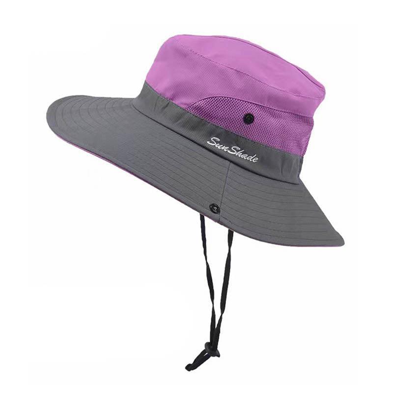 Women Wide Brim Ponytail Hat Sun Protect Visor Summer Beach Cap Anti Uv Floppy - Red