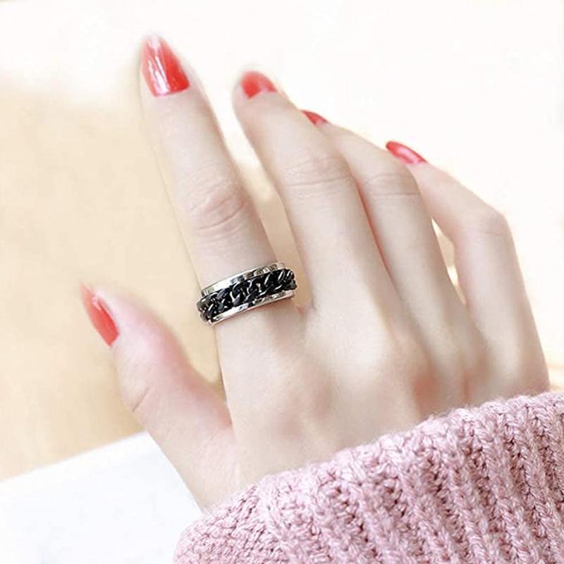 Spinner Rings Mens Womens Fidget Rotating Ring Silver Stainless Steel Size 12 - Black