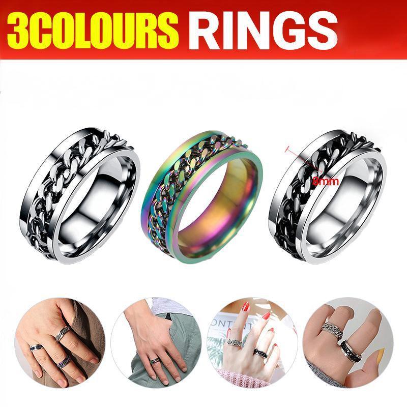 Spinner Rings Mens Womens Fidget Rotating Ring Silver Stainless Steel Size 11 - Rainbow
