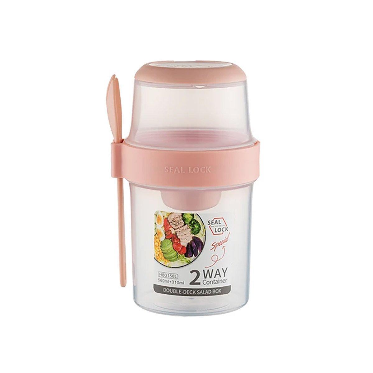 Double Plastic Salad Cup with Fork Sealed Breakfast Container for On-the-Go Meal - 560ml-White