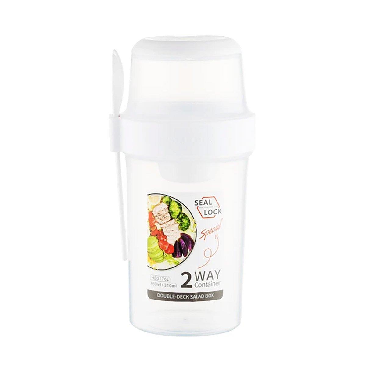 Double Plastic Salad Cup with Fork Sealed Breakfast Container for On-the-Go Meal - 760ml-Pink