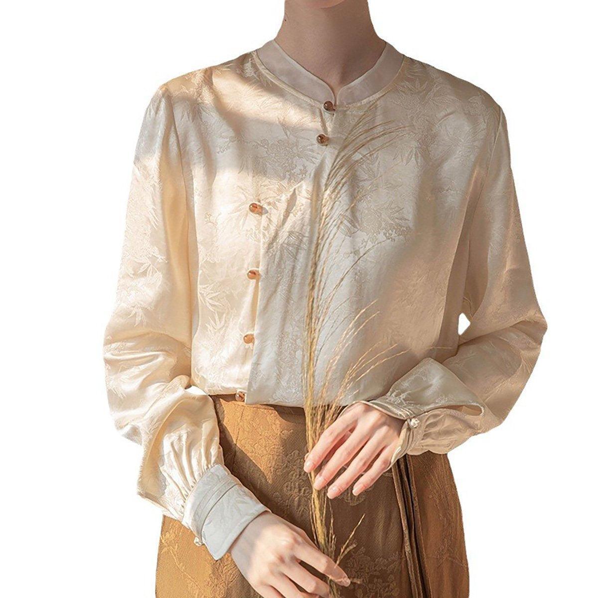 New Chinese Style Womens Top Stand-up Collar Long Sleeve Elegant Fashion Shirt - L