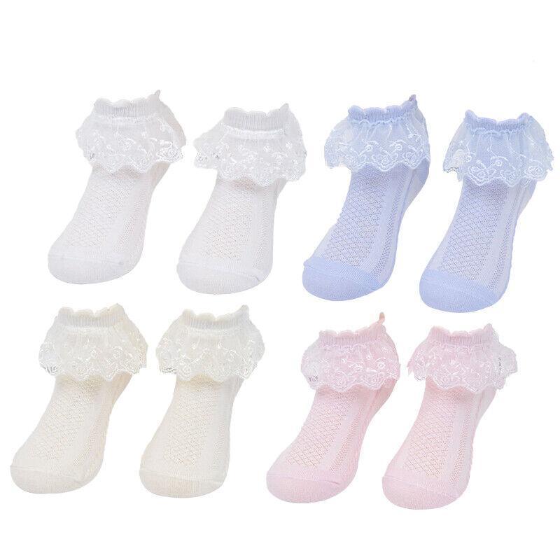 Lace Ruffle Frilly Short Socks for Girls Ankle Length M Size Fits 4-6 Years - White
