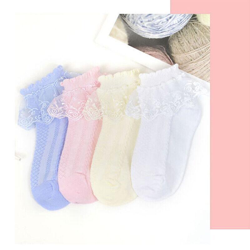 Lace Ruffle Frilly Short Socks for Girls Ankle Length M Size Fits 4-6 Years - White