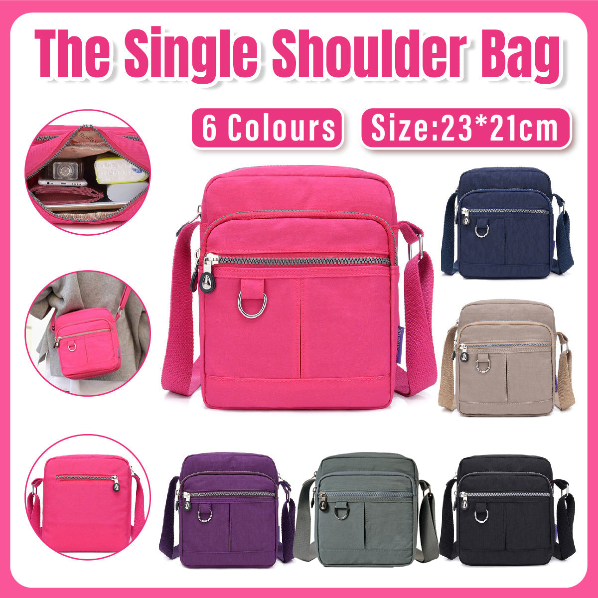 Ladies Shoulder Bag Nylon Fabric Lightweight Crossbody Small Casual Handbag - Black