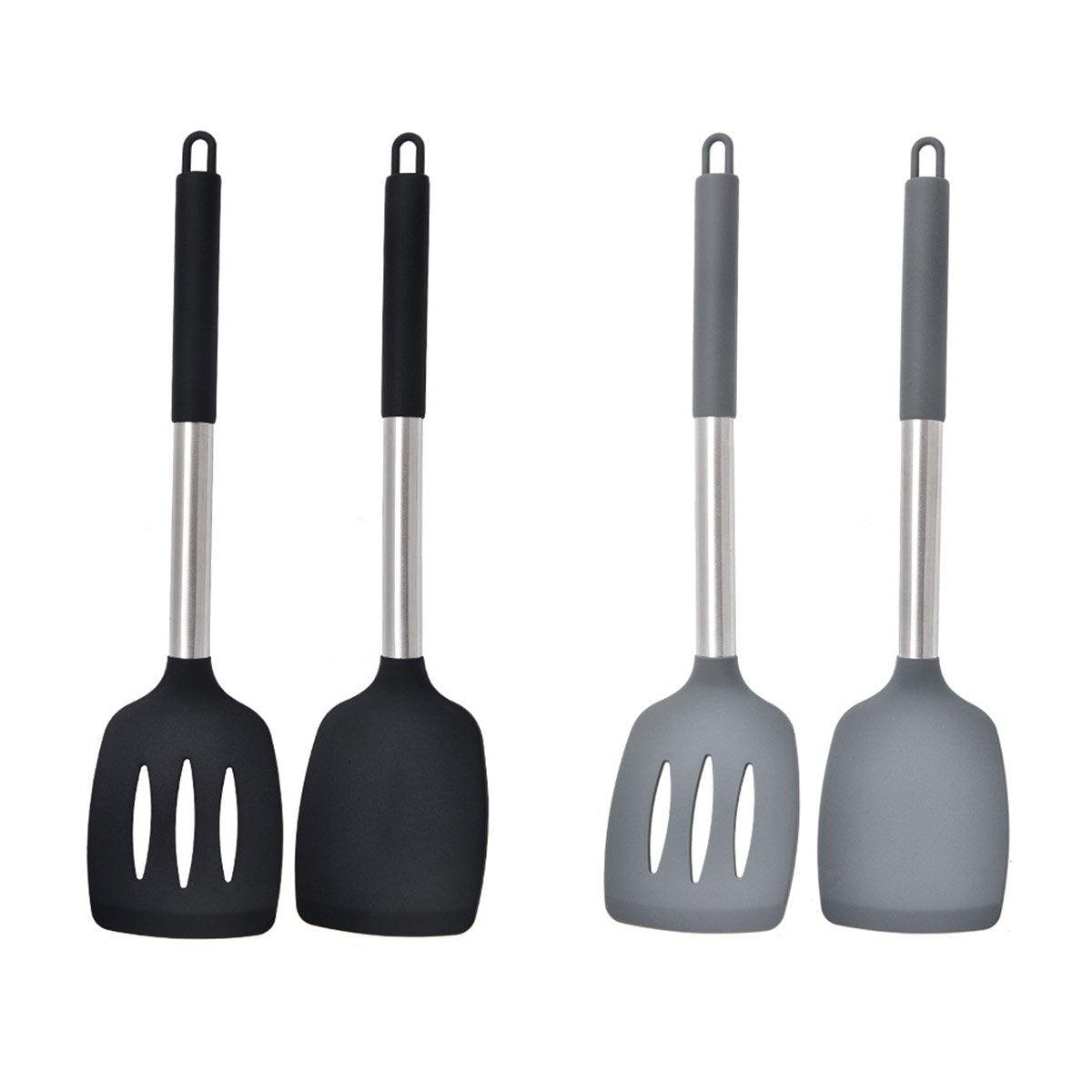2pcs Silicone Cooking Utensils Stir Fry Spatula Kitchen Tools Non Stick Cookware - Black