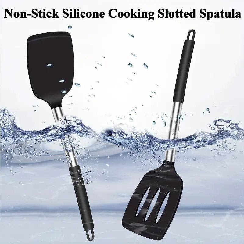 2pcs Silicone Cooking Utensils Stir Fry Spatula Kitchen Tools Non Stick Cookware - Black