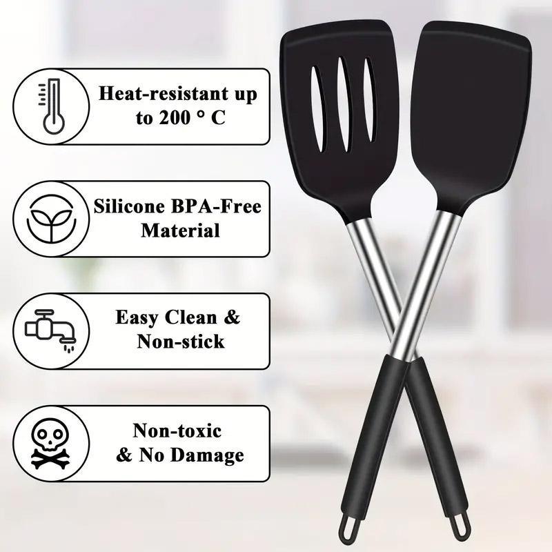 2pcs Silicone Cooking Utensils Stir Fry Spatula Kitchen Tools Non Stick Cookware - Black