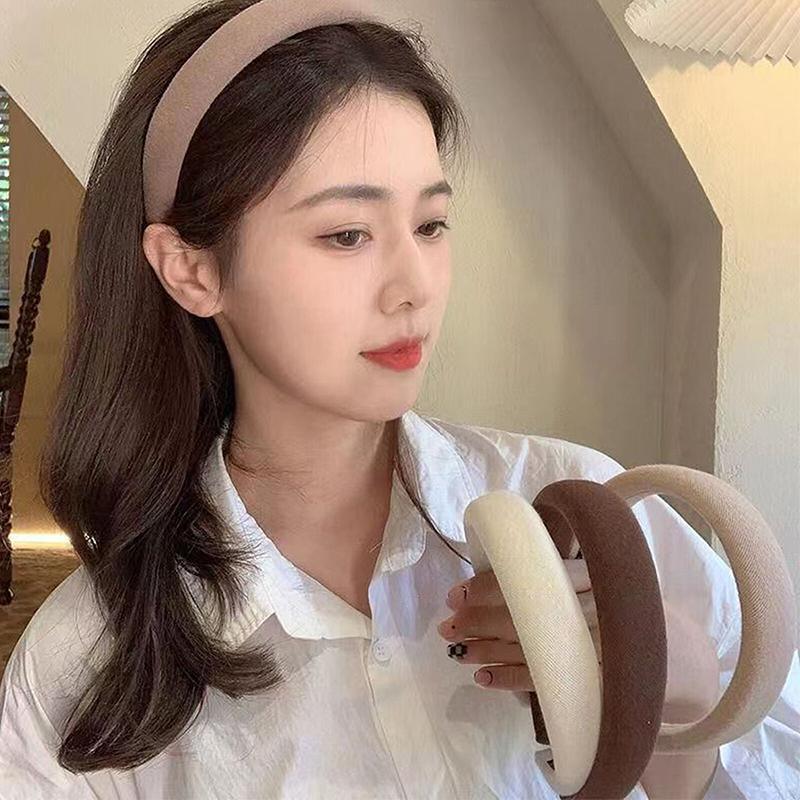Women Thick Padded Wide Headband Sponge Hairband Wedding Party Plain - Dark Curry