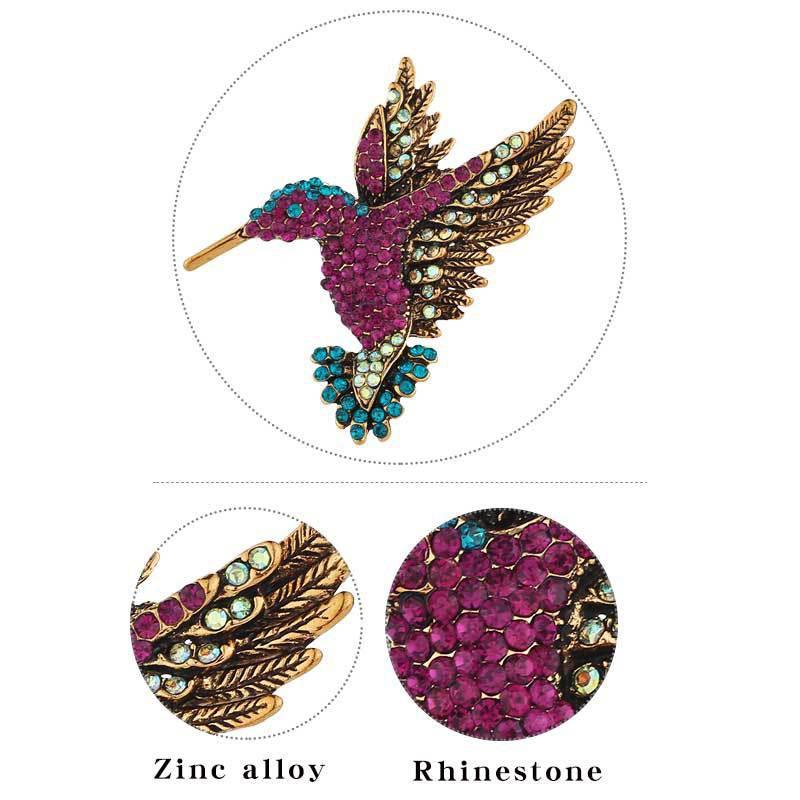 Fashion Hummingbird Brooch Pink Diamond Silver Brooch Gift Retro Style - Blue