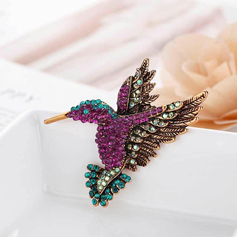 Fashion Hummingbird Brooch Pink Diamond Silver Brooch Gift Retro Style - Blue