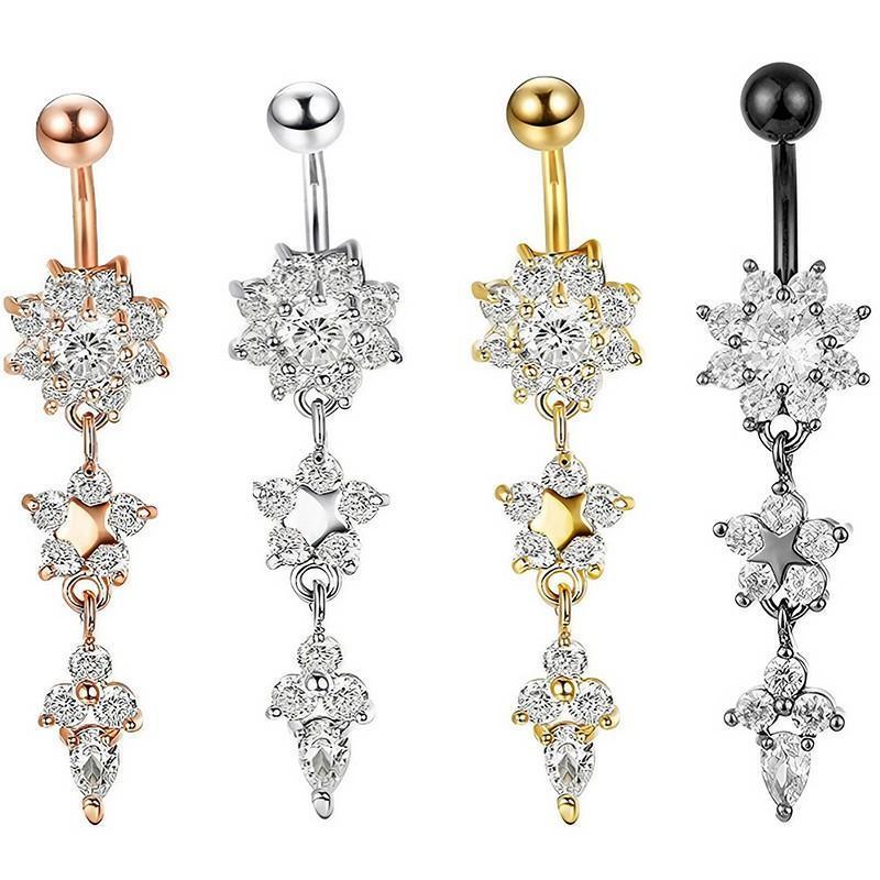 Flower Crystal Surgical Steel Dangle BELLY Button Navel bars Ring Body Piercing - Rose Red