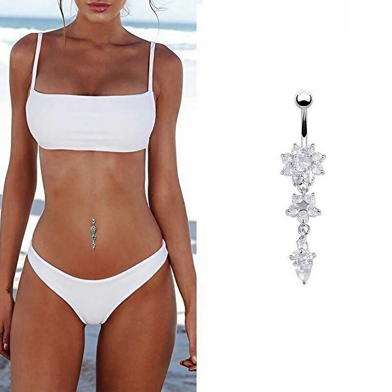 Flower Crystal Surgical Steel Dangle BELLY Button Navel bars Ring Body Piercing - Rose Red