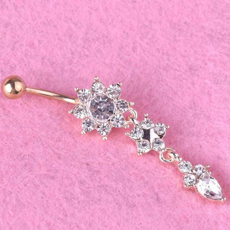 Flower Crystal Surgical Steel Dangle BELLY Button Navel bars Ring Body Piercing - Rose Red