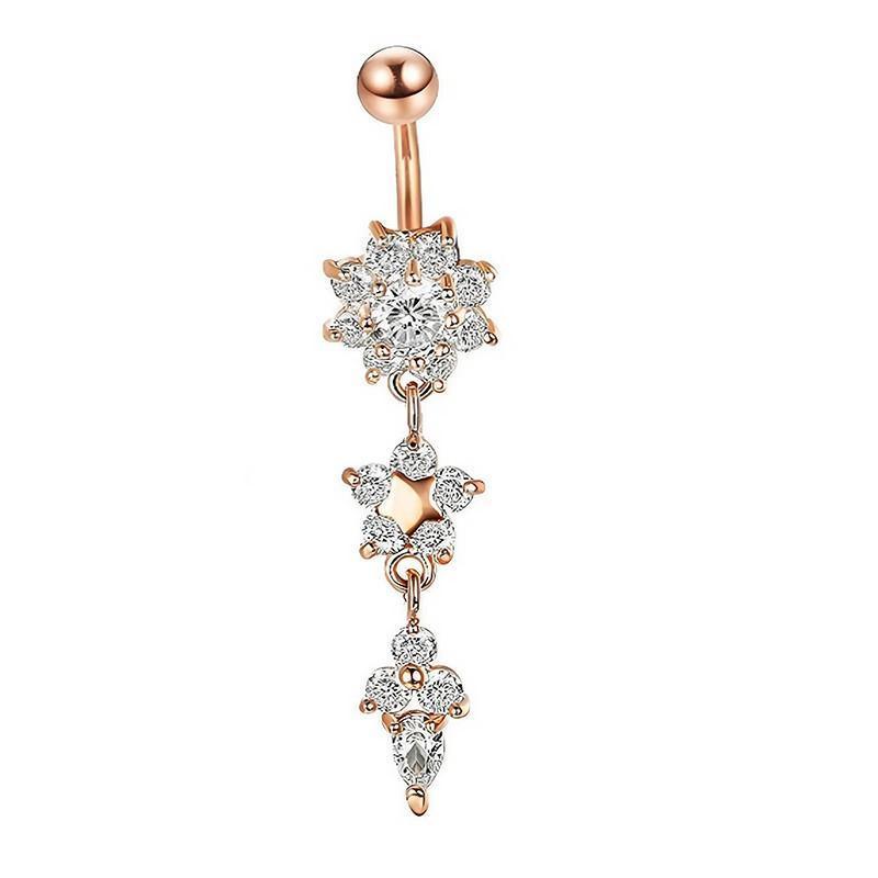 Flower Crystal Surgical Steel Dangle BELLY Button Navel bars Ring Body Piercing - Rose Red