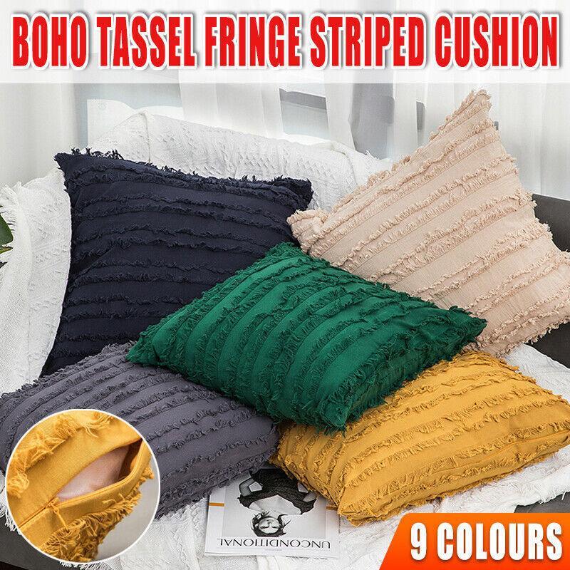 Boho Tassel Fringe Striped Cushion Cover Soft Home Decor Sofa Throw Pillow Case - Red