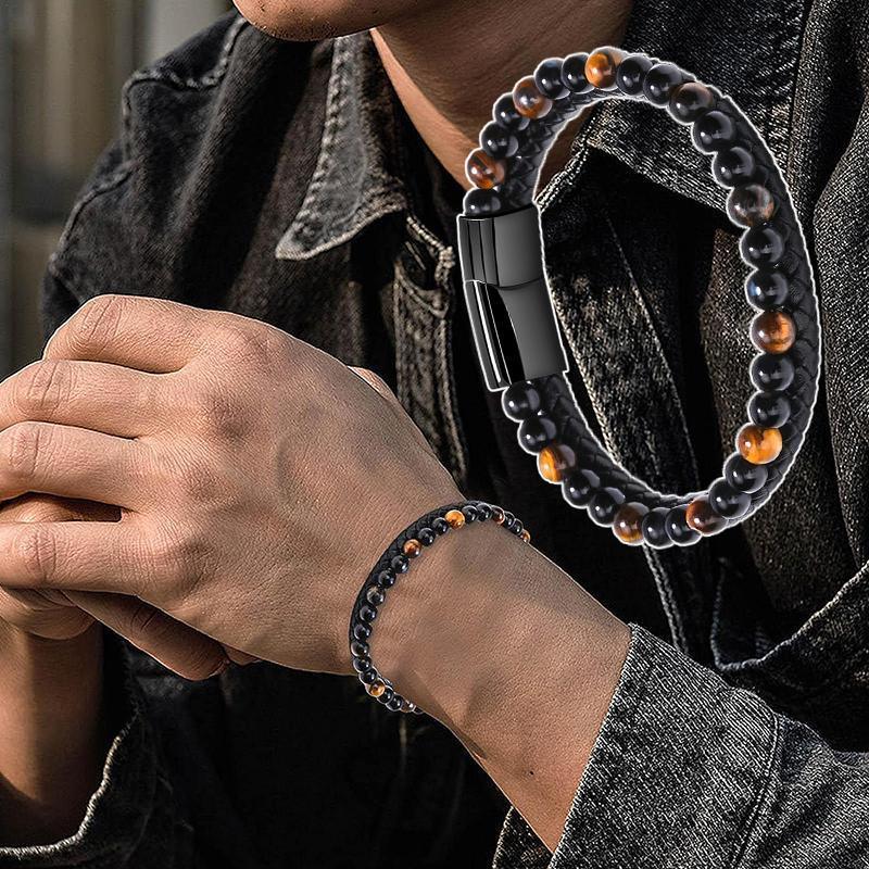 Tiger Eye Natural Stone Beaded Bracelet Women Men Elasticity Bangle hand Jewelry - Grey Lava
