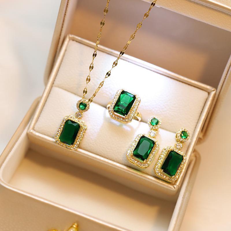 Vintage Paraiba Tourmaline Emerald Gemstone Earrings Ring Necklace Women Gift - Necklace