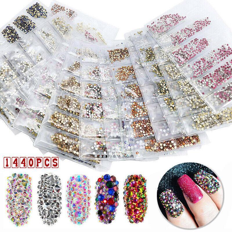 1440Pcs Glitter Rhinestones Crystal Clear Flat Bottom Glass Nail Art Nail Drill - Gold