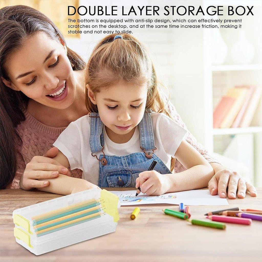 3PCS Clear Plastic Desktop Storage Box 2 Layer Holder DIY Stationery Pencil Case - Grey