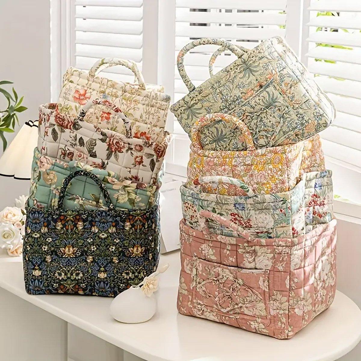 Portable Fabric Storage Basket Korean Pastoral Style Organizer for Home Sundries - Floral4