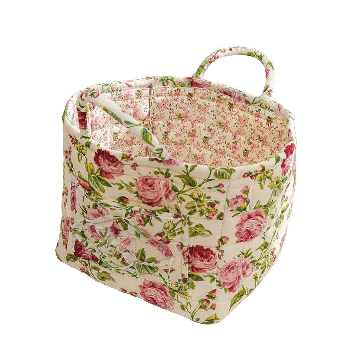 Portable Fabric Storage Basket Korean Pastoral Style Organizer for Home Sundries - Floral4