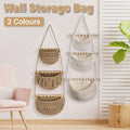 Three Layer Cotton Rope Wall Hanging Basket Door Storage Rack Organizer Bag - Brown