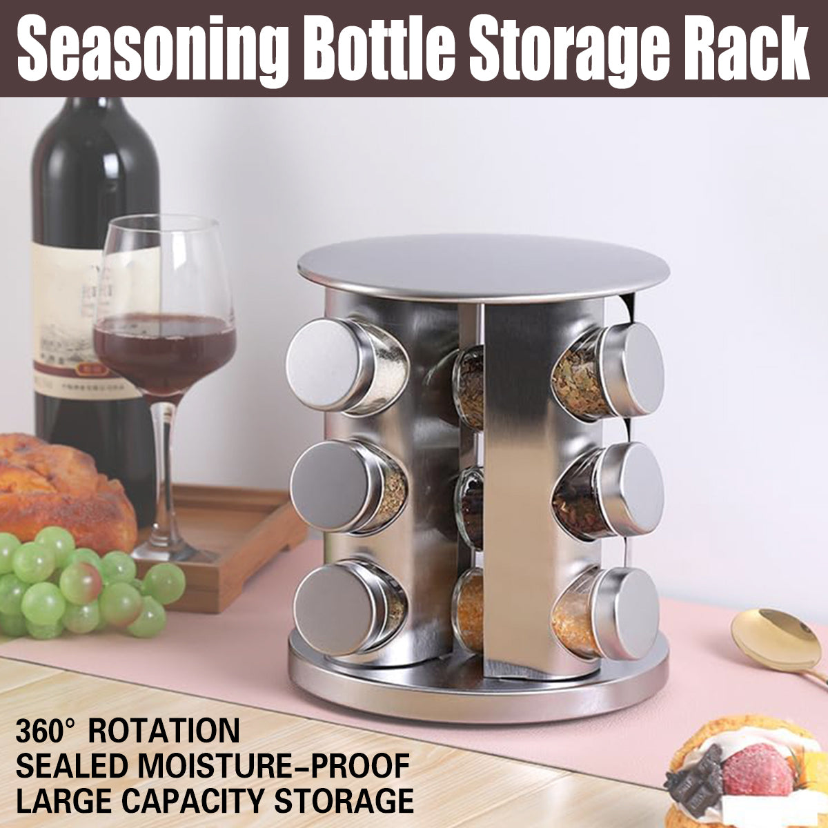 Stainless Steel Rotating Spice Rack Organizer Kitchen Seasoning Jar Holder Use