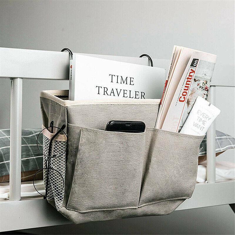Hanging Bedside Storage Caddy with Pockets for Bunk Bed Dorm Couch Organizing - White