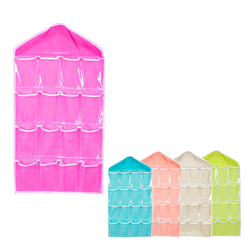 16 Pockets Hanging Wardrobe Storage Organizer Bag for Socks and Underwear - Pink