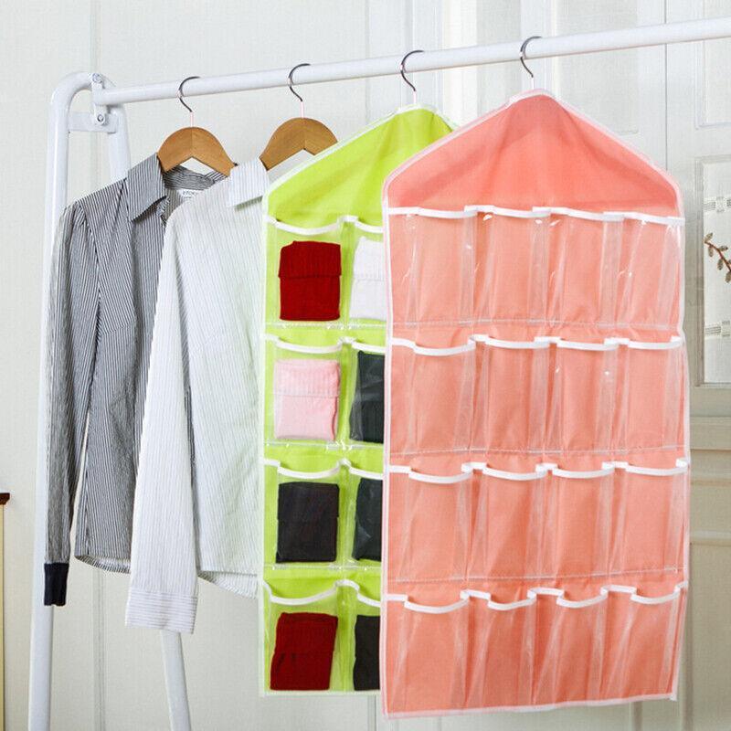 16 Pockets Hanging Wardrobe Storage Organizer Bag for Socks and Underwear - Pink