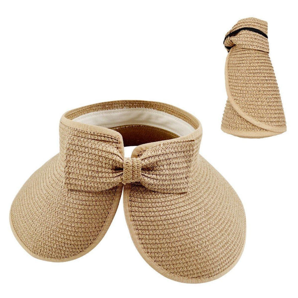 Women Roll Up Sun Visor Wide Brim Straw Hat Summer Foldable UV Protection Cap - Dark Brown