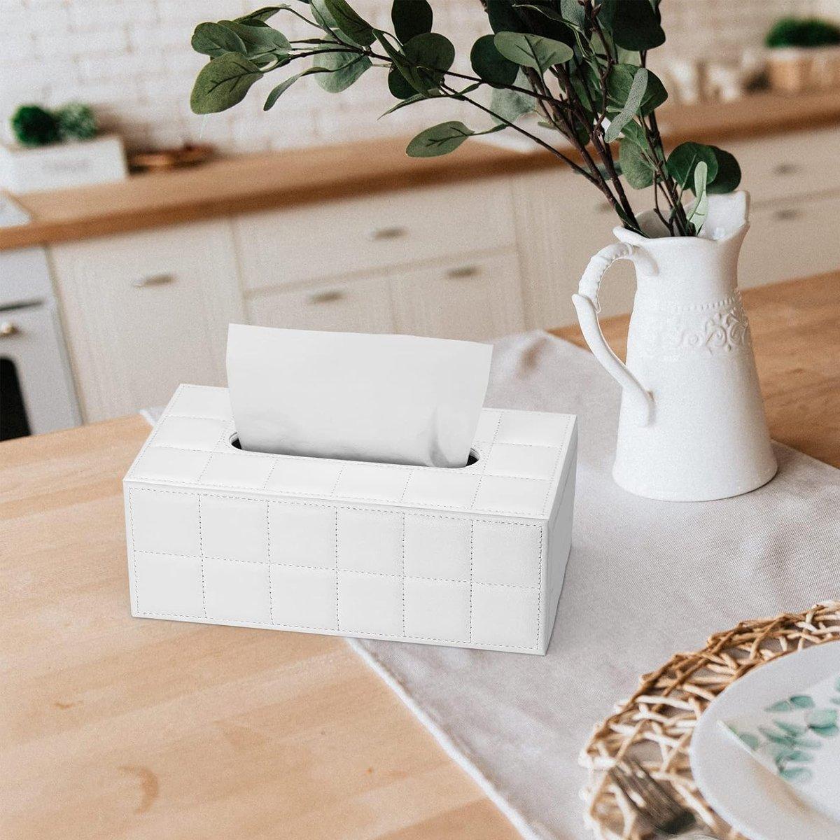 Leather Tissue Box Holder Rectangular Tissue Dispenser for Living Room Home - White
