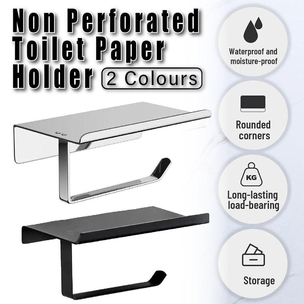 304 Stainless Steel Toilet Paper Holder Non-perforated Roll with Phone Rack - Black
