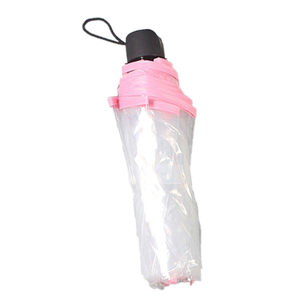 Transparent Folding Umbrella Compact Tri Fold Design Clear Rain Protection Cover - Manually operated-Pink