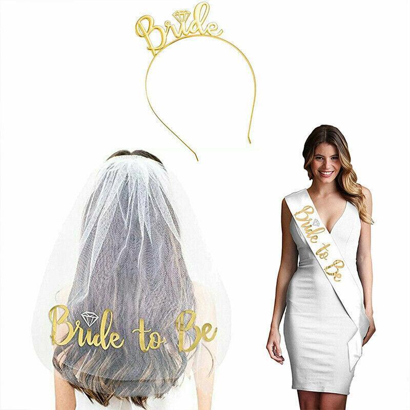 Bride To Be Hen Veil Sash Tiara Hens Night Bridal Shower Kitchen Tea Accessories - Black/Gold Veil