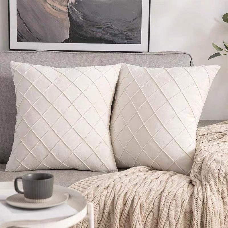 Velvet Cushion Cover Pleated Checked Plaid Plush Decorative Lounge Cushion Cover - Pink