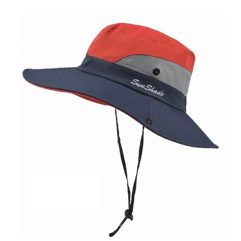 Women Wide Brim Ponytail Hat Sun Protect Visor Summer Beach Cap Anti Uv Floppy - Watermelon Red