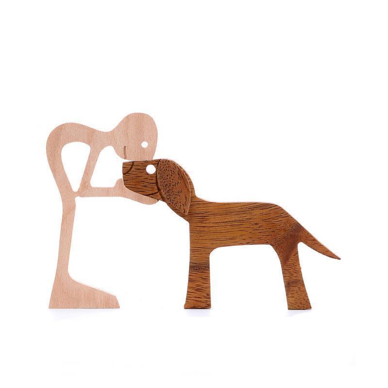 Handmade Wooden Statue Sitting Family and Dog Craft Home Decor - B01