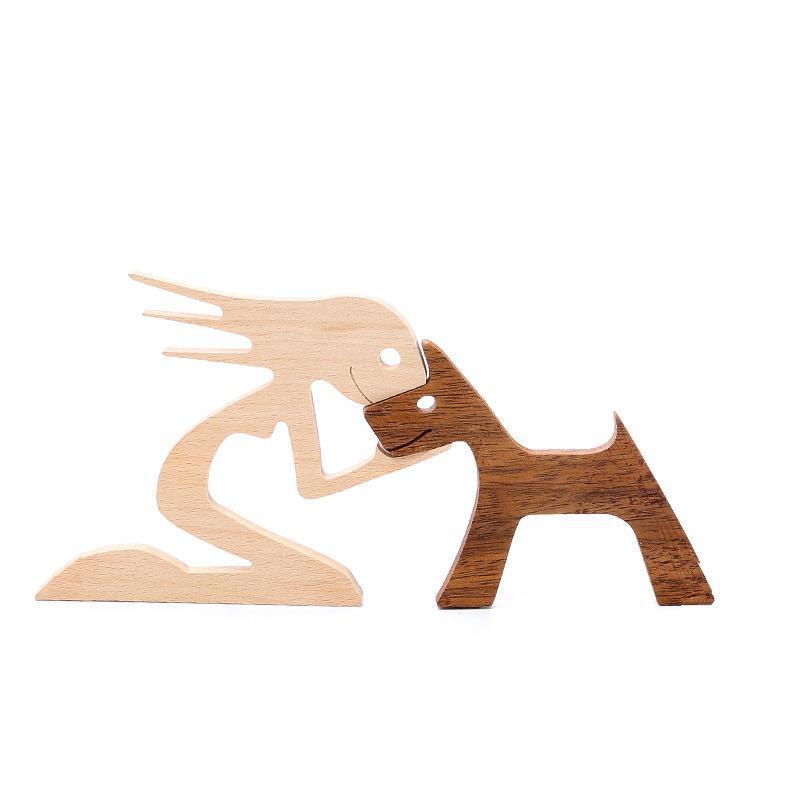 Handmade Wooden Statue Sitting Family and Dog Craft Home Decor - B01