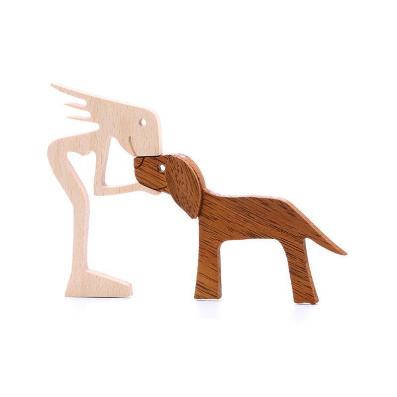 Handmade Wooden Statue Sitting Family and Dog Craft Home Decor - B05