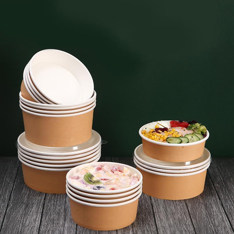 Take-Away Kraft Paper Salad Bowl Food Grade Takeout Tableware Food Bowl With Lid - 1500ML