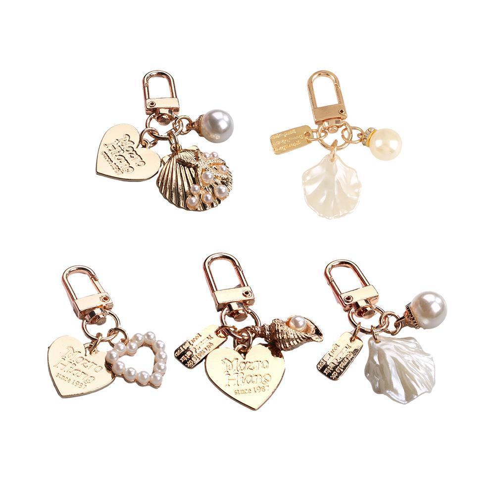 Womens Cute Key Rings Shell Heart Pearl Shape Keychain Charm Bag Hanger Pendants - D